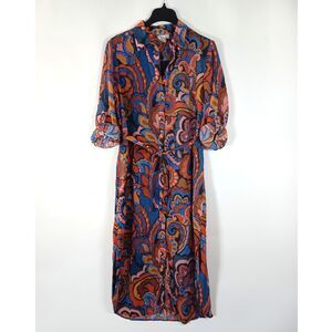 Finley Maxi Shirt Dress Large Belted Roll Tab Sleeve Classic Feminine Tailored